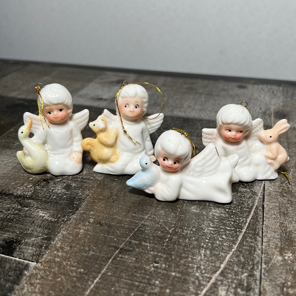 Vintage Porcelain White Angels with Their Pets Ornaments